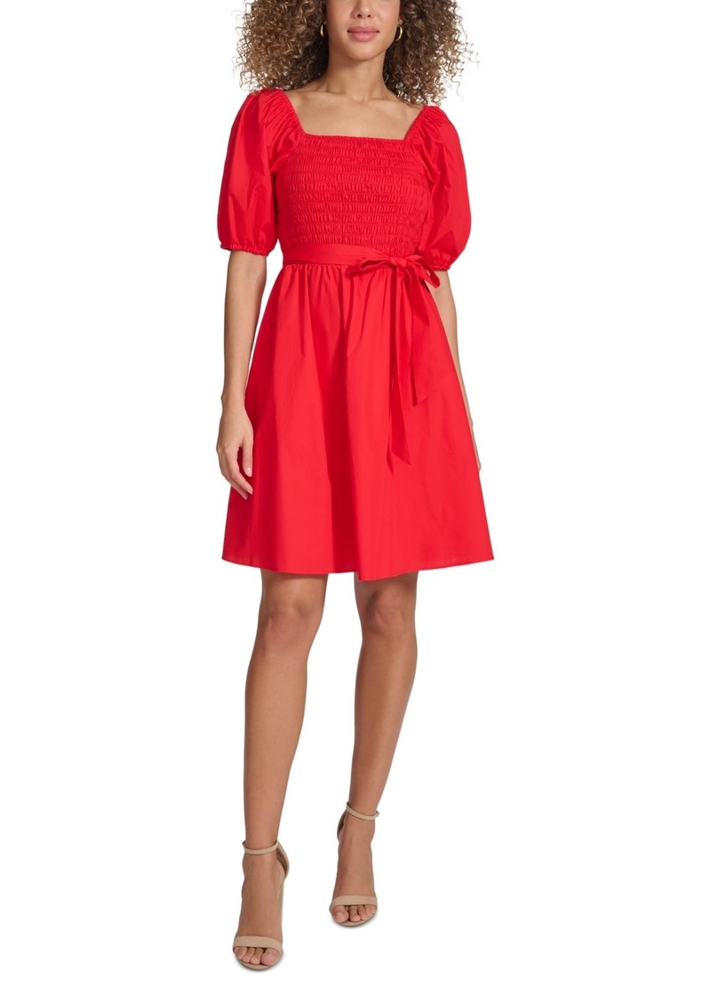 kensie Women's Puff-Sleeve Smocked A-Line Dress - Red