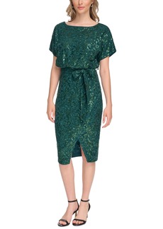 kensie Women's Sequin Floral-Lace Blouson Wrap Dress - Emerald