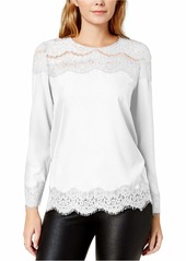 kensie Women's Smooth Stretch Crepe Long Sleeve Lace Top tusk XS