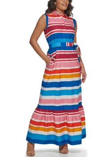 kensie Women's Striped Cotton Sleeveless Maxi Dress