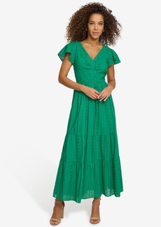 kensie Women's Textured Eyelet-Embroidered Maxi Dress - Tropical Green