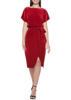 KENSIE Women's Tie Waiste Stretch Velvet Blouson Dress RED
