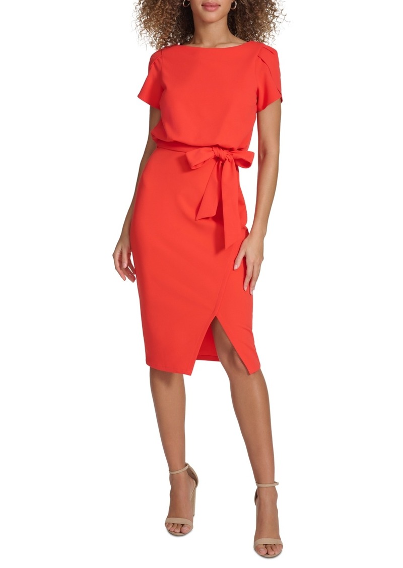 kensie Women's Tulip-Sleeve Tie-Waist Sheath Dress - Hot Coral