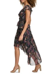 kensie Women's V-Neck Ruffled Chiffon Midi Dress - Blck Multi