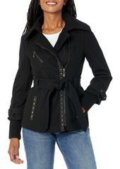 Kensie Women's Belted Zip Up Wool Coat with Silver Studs