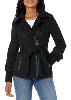 kensie womens Zip Up Coat With Silver Studs Wool Belted Jacket   US