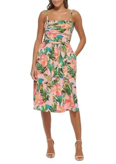 Kensie Leaf Print Pleated Midi Dress