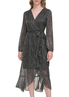 Kensie Metallic Crinkle Belted Midi Dress