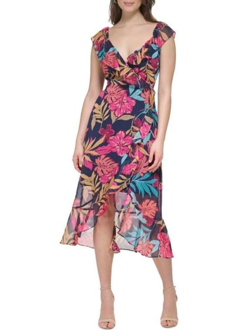 Kensie Tropical Print Ruffled Midi Dress
