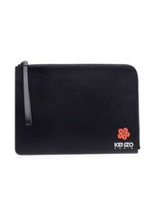 Kenzo Black Clutch Bag with Logo Patch and Wrist Strap in Leather Man