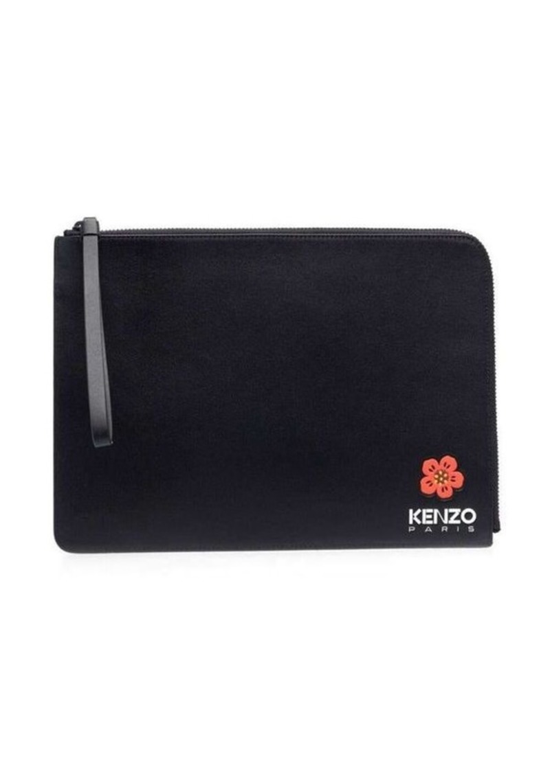 Kenzo Black Clutch Bag with Logo Patch and Wrist Strap in Leather Man