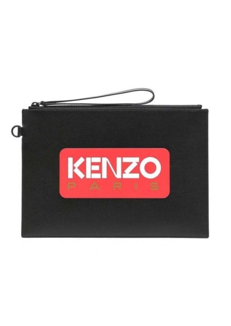 Kenzo Black Clutch Bag with Printed Logo in Leather