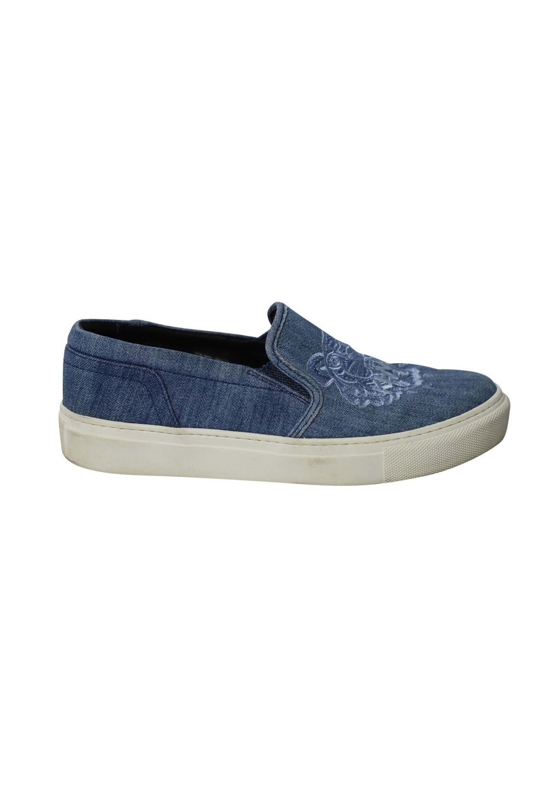 Kenzo Embroidered Slip On Sneakers in Blue Cotton Denim