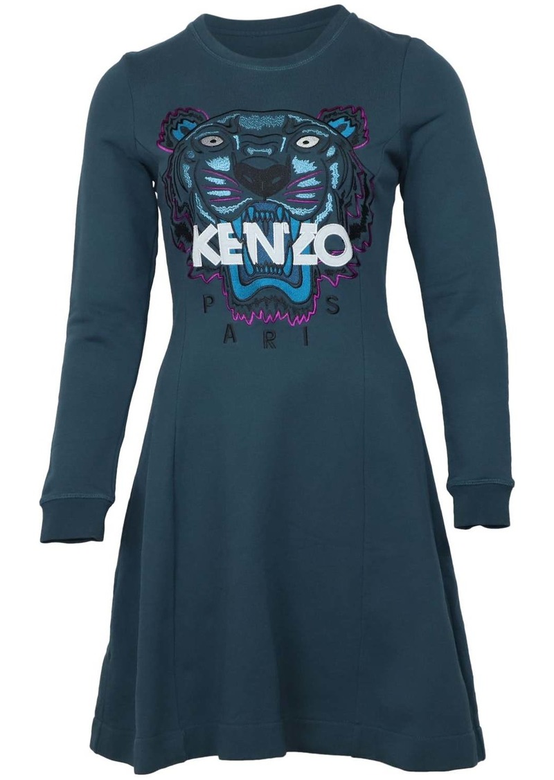 Kenzo Tiger Motif Embroidered Long Sleeve Sweatshirt Dress in Teal Cotton