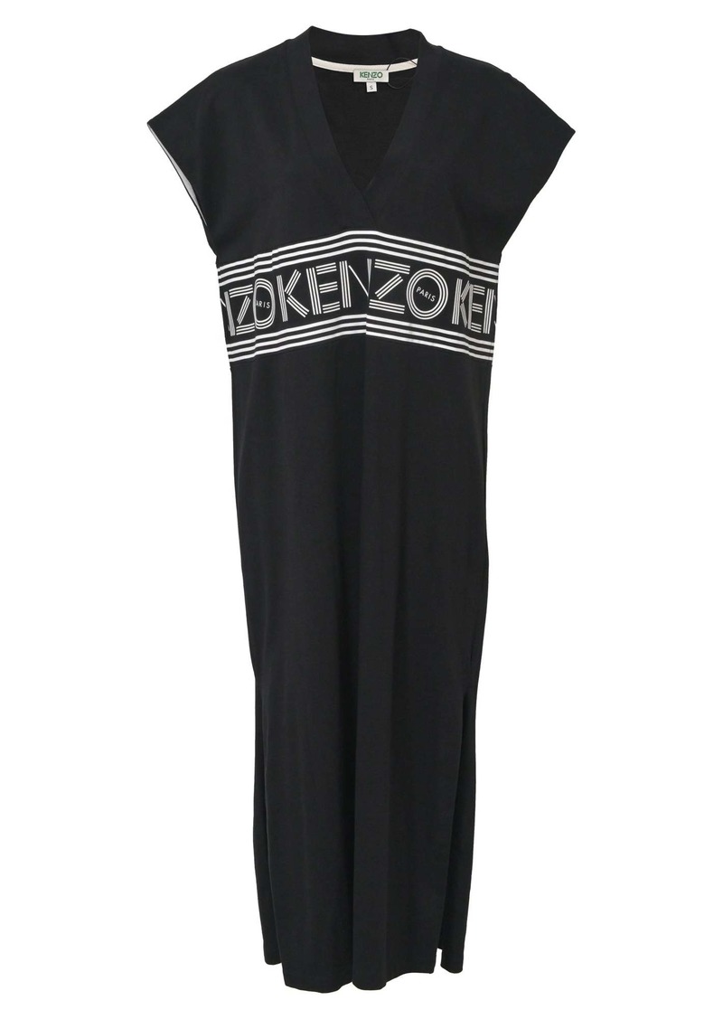 Kenzo V-neck Logo Midi Dress in Black Cotton