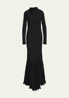 Khaite Metin Cowl-Neck Long-Sleeve Pleated Mermaid Gown