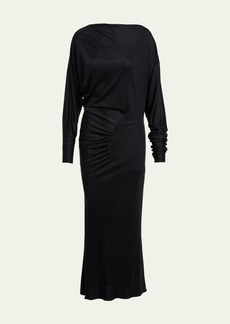 Khaite Oron Long-Sleeve Asymmetric Gathered Maxi Dress
