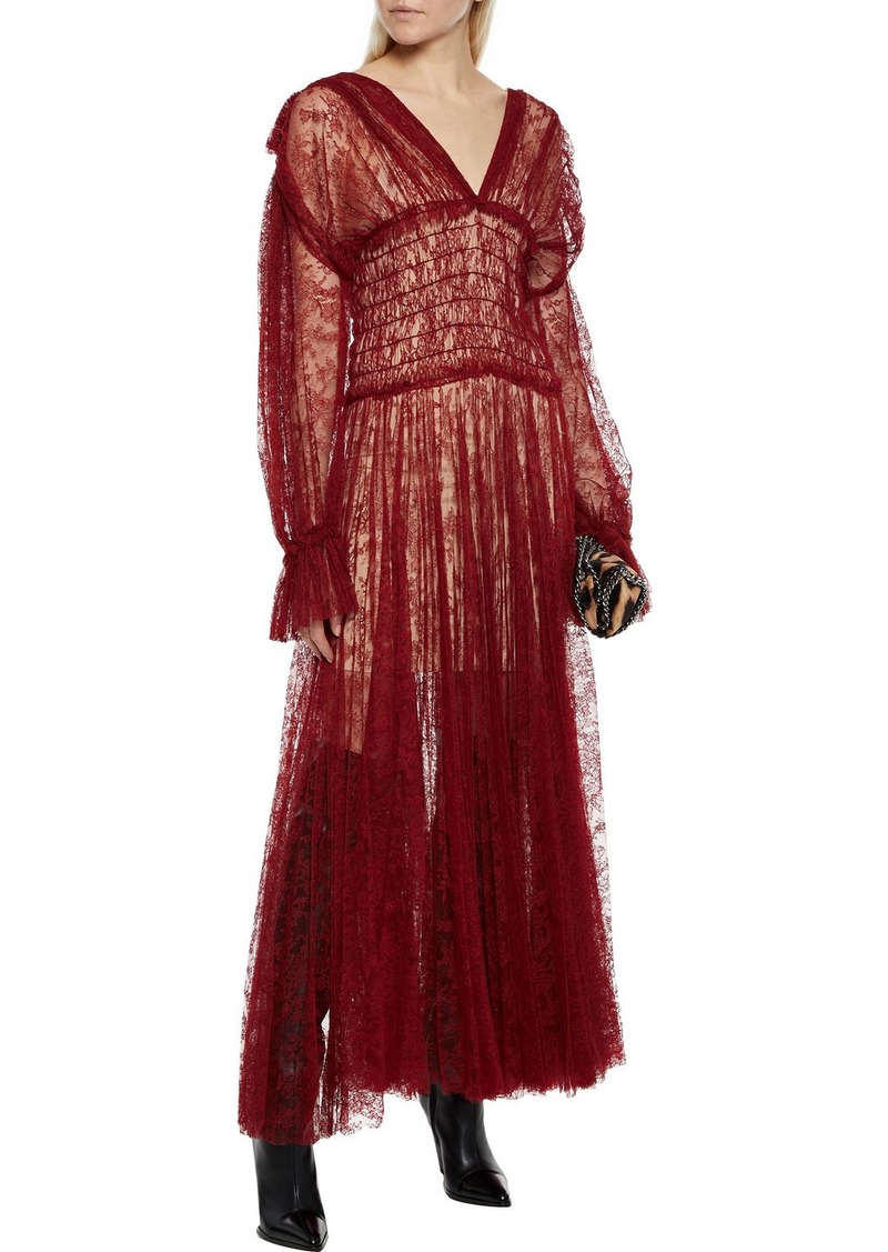 Woman Dawny Shirred Pleated Chantilly Lace Maxi Dress Claret - 85% Off!