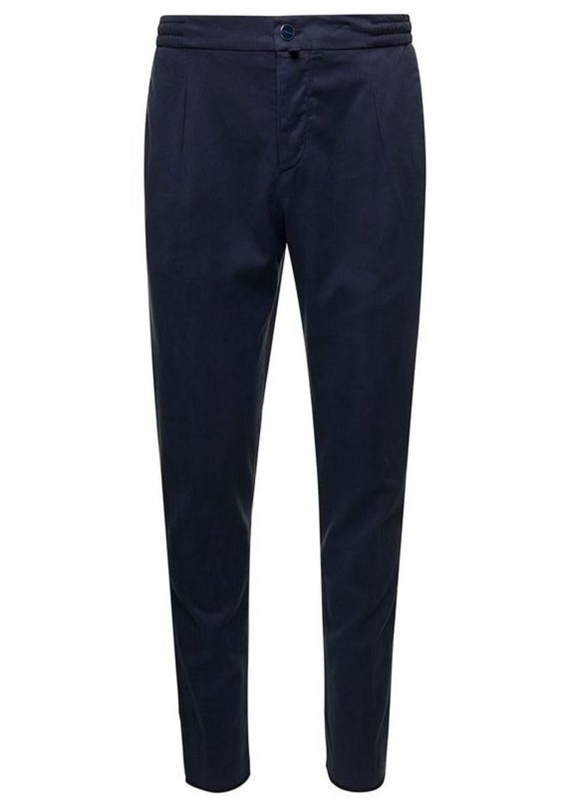 Kiton Blue Slim Trousers with Elasticated Waistband in Lyocell Man