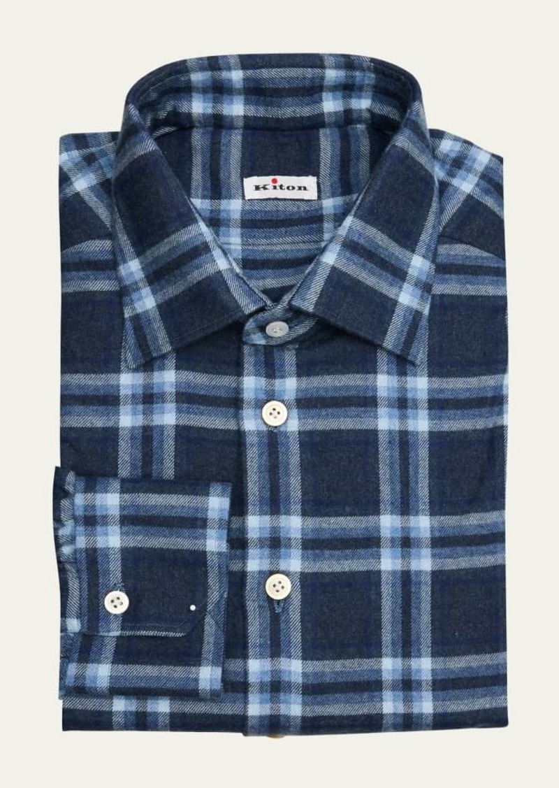 Kiton Men's Large Plaid Cotton Sport Shirt