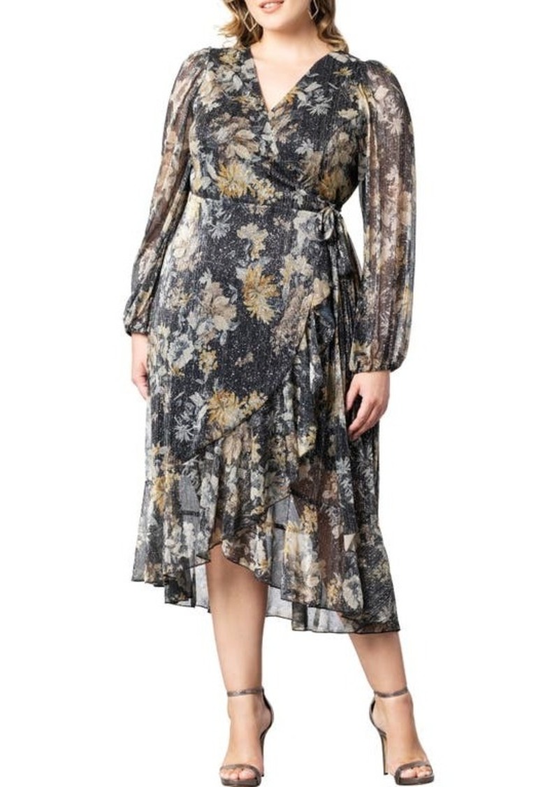 Kiyonna Clara Floral Metallic Midi Wrap Dress