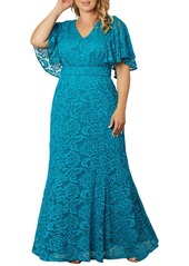 Kiyonna Plus Size Duchess Lace Evening Gown - Teal topaz