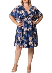 Kiyonna Plus Size Florence Flutter Sleeve Dress - Midnight peony print