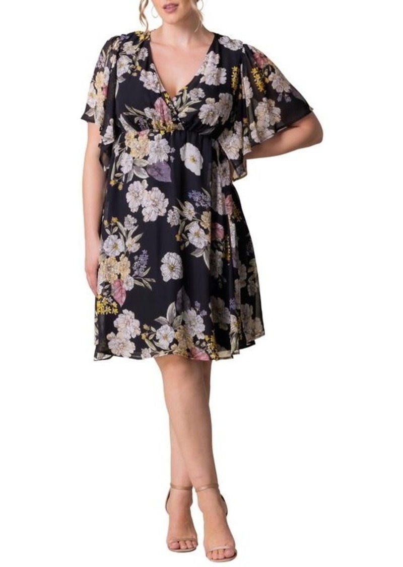 Kiyonna Plus Size Florence Flutter Sleeve Dress - Midnight peony print