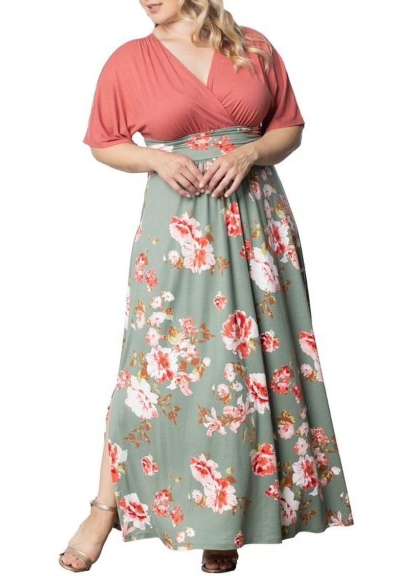 Kiyonna Plus Size Havana Color Block Maxi Dress - Sage garden print