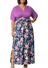 Kiyonna Plus Size Havana Color Block Maxi Dress - Sage garden print