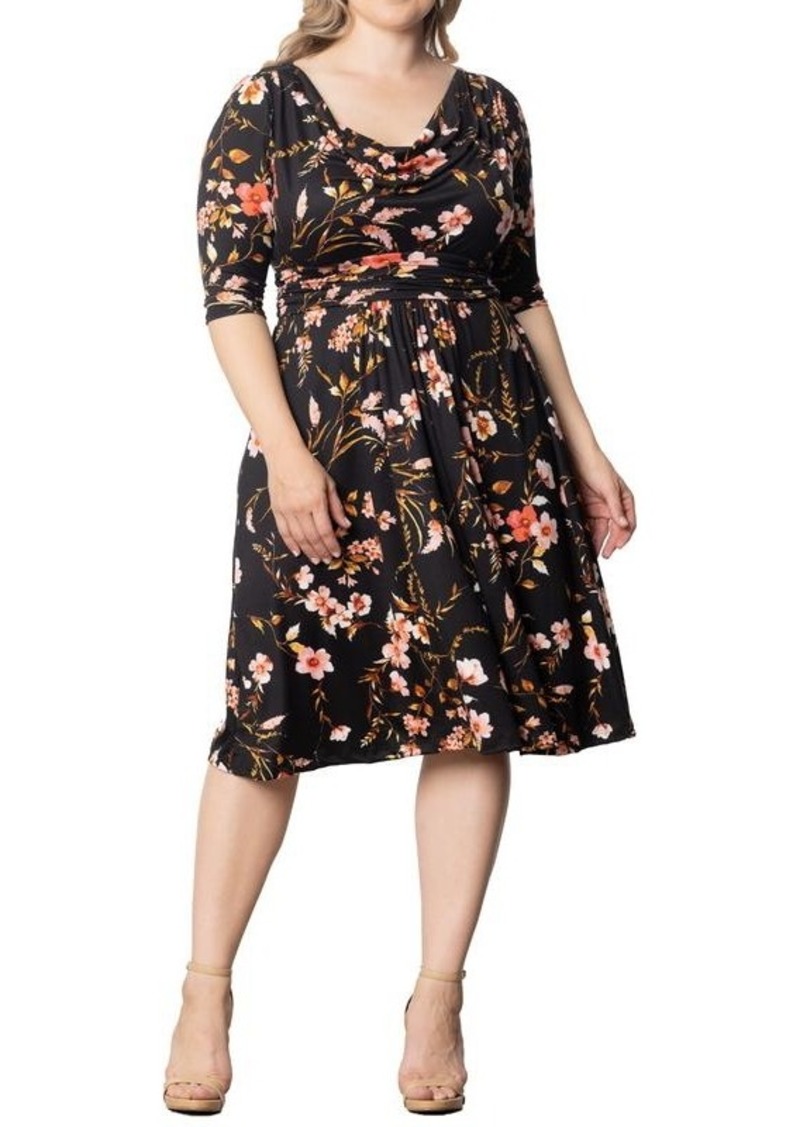 Kiyonna Plus Size Heather Cowl Neck Midi Dress - Midnight garden