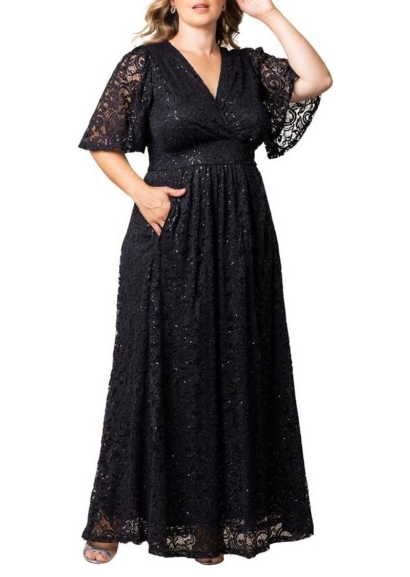 Kiyonna Plus Size Luminous Sequin Lace Evening Gown with Pockets - Onyx