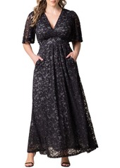 Kiyonna Plus Size Luminous Sequin Lace Evening Gown with Pockets - Onyx