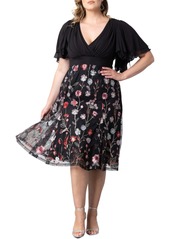 Kiyonna Plus Size Lillian Embroidered Mesh Midi Cocktail Dress - Onyx