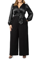 Kiyonna Plus Size Refined Satin Wide Leg Jumpsuit - Black