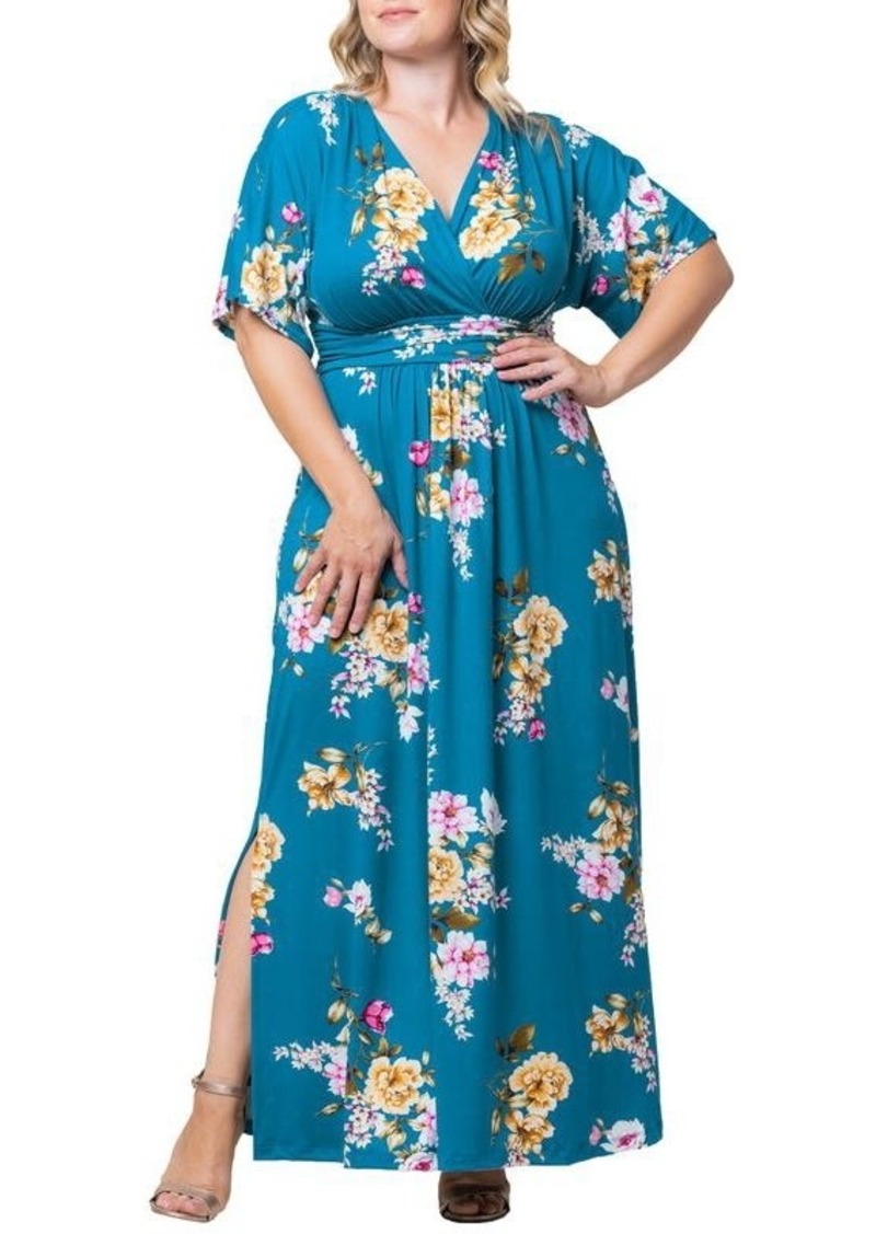 Kiyonna Plus Size Vienna Kimono Sleeve Long Maxi Dress - Teal floral print