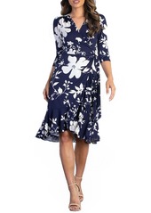 Kiyonna Women's Flirty Flounce Midi Wrap Dress with 3/4 Sleeves - Navy floral print