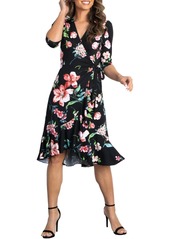 Kiyonna Women's Flirty Flounce Midi Wrap Dress with 3/4 Sleeves - Navy floral print