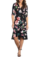 Kiyonna Women's Flirty Flounce Midi Wrap Dress with 3/4 Sleeves - Navy floral print