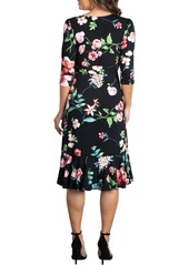 Kiyonna Women's Flirty Flounce Midi Wrap Dress with 3/4 Sleeves - Navy floral print