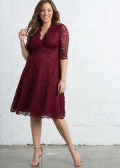 Kiyonna Plus Size Mademoiselle Lace Cocktail Dress with Sleeves - Burgundy