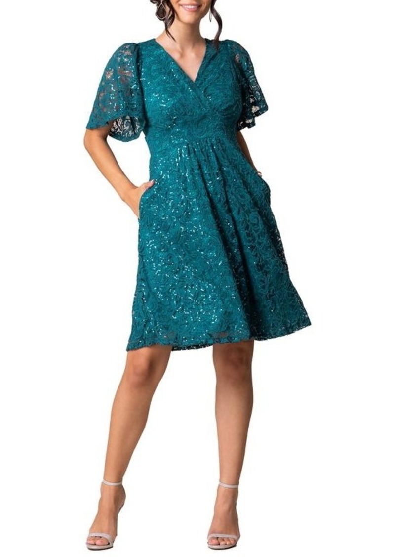 Kiyonna Women's Starry Sequin Lace V-Neck Cocktail Dress with Pockets - Teal topaz