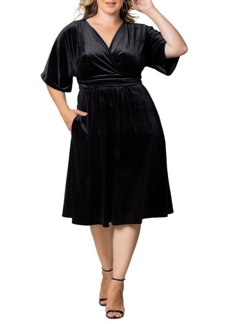 Kiyonna Women's Plus Size Angelic Velvet Midi Cocktail Dress with Pockets - Black