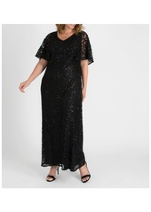 Kiyonna Women's Plus Size Celestial Cape Sleeve Sequined Lace Gown - Nocturnal navy