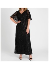 Kiyonna Women's Plus Size Celestial Cape Sleeve Sequined Lace Gown - Nocturnal navy