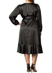 Kiyonna Women's Plus Size Serena Satin Long Sleeve Wrap Dress - Onyx