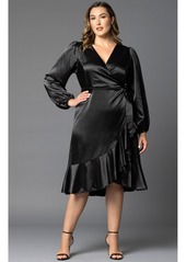 Kiyonna Women's Plus Size Serena Satin Long Sleeve Wrap Dress - Onyx