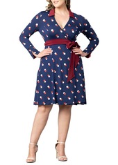 Kiyonna Plus Size Sophisticate Long Sleeve A-Line Wrap Dress - Navy geo print