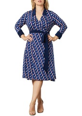 Kiyonna Plus Size Sophisticate Long Sleeve A-Line Wrap Dress - Navy geo print