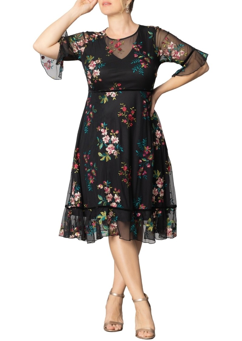 Kiyonna Plus Size Wildflower Embroidered Floral Mesh Dress - Onyx